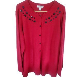 CJ Banks Women Beaded Cardigan Sweater 3X Cherry Red Black Preppy Valentines Day